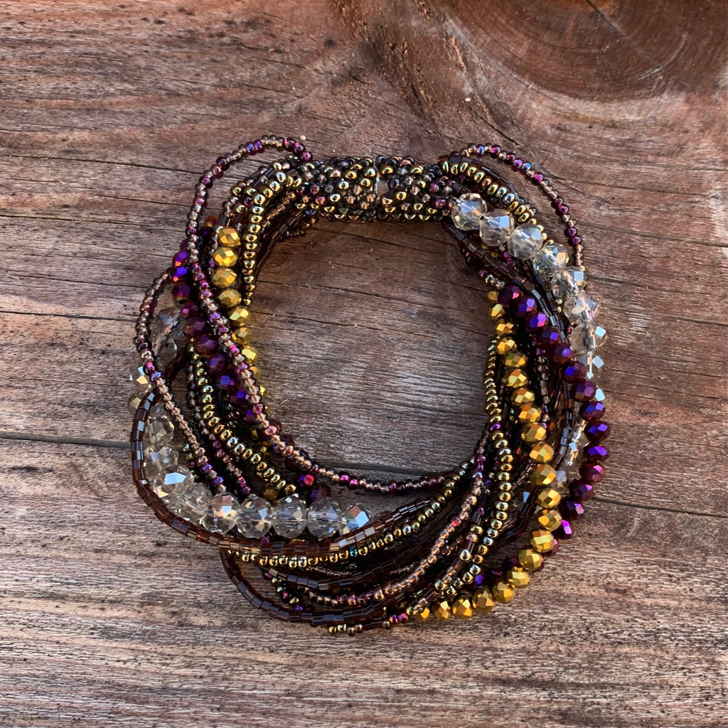 Handmade Bracelet for Girls, Multicolored Purple and GOLD Tones, Glass Beads, Magnetic Closure, Stylish Guatemala 7 inches