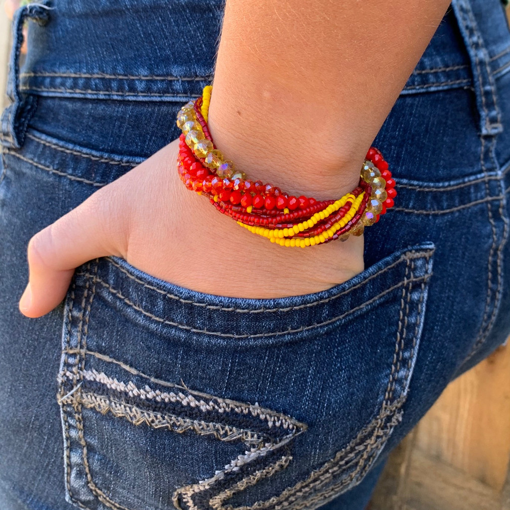 Handmade Bracelet for Girls, Multicolored Red and Yellow Tones, Glass Beads, Magnetic Closure, Stylish Guatemala 7 inches
