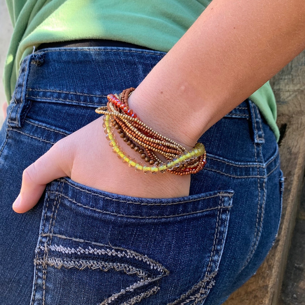 Bracelet Made with Seed Beads, Multi Strand, Copper Multi color Beads, Magnetic Clasp 1 x 7.25 Inches