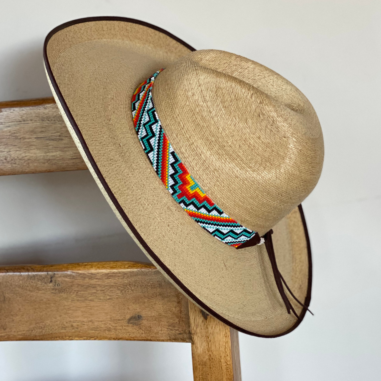 Wide Beaded Hat Band, Turquoise Multi Color, Cowboy and Cowgirl Western Jewelry, Leather Ties, Handmade in Guatemala 1 x 34 Inches