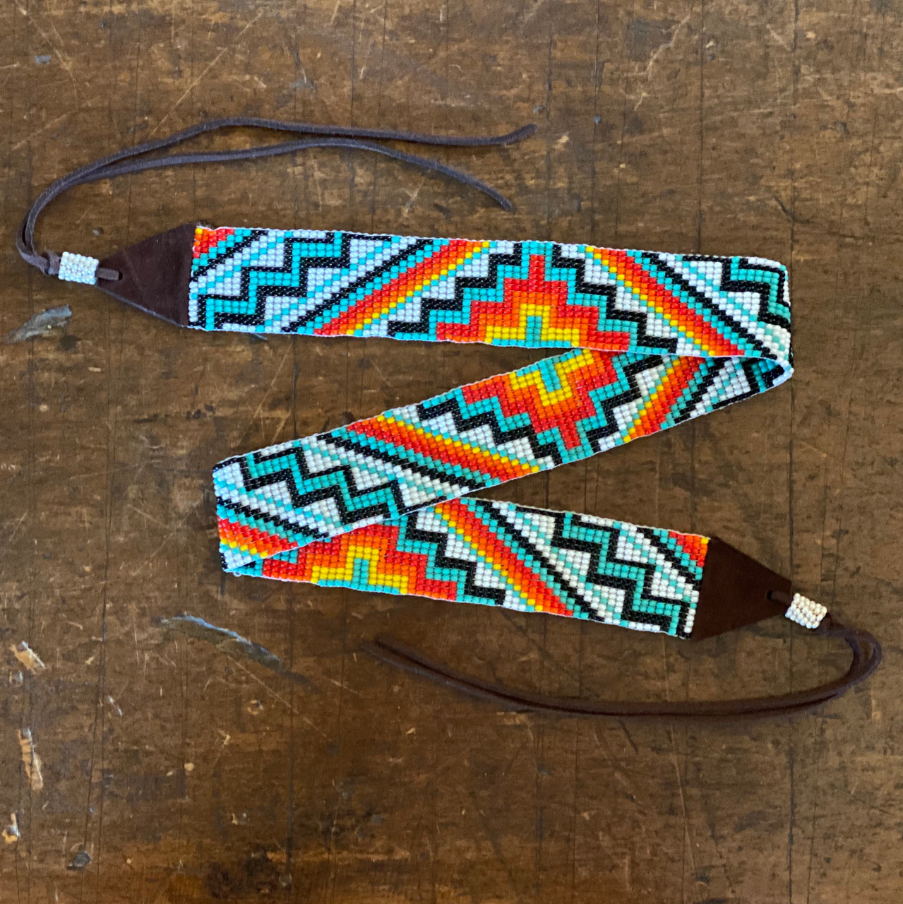 Wide Beaded Hat Band, Turquoise Multi Color, Cowboy and Cowgirl Western Jewelry, Leather Ties, Handmade in Guatemala 1 x 34 Inches