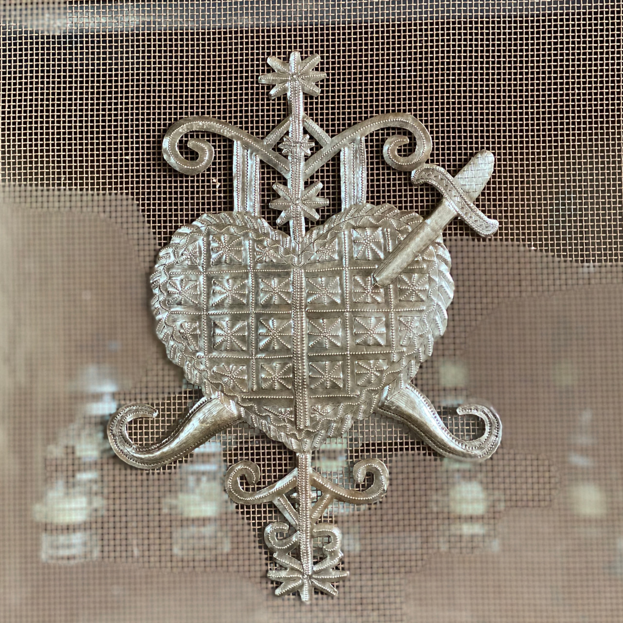 Voodoo Veve - Handmade Wall Hanging Artwork from Haiti, Sword and Heart, Authentic Upcycled Art, 11.5 X 16 Inches Voodoo Veve - Handmade Wall Hanging Artwork from Haiti, Sword and Heart, Authentic Upcycled Art, 11.5 X 16 Inches
