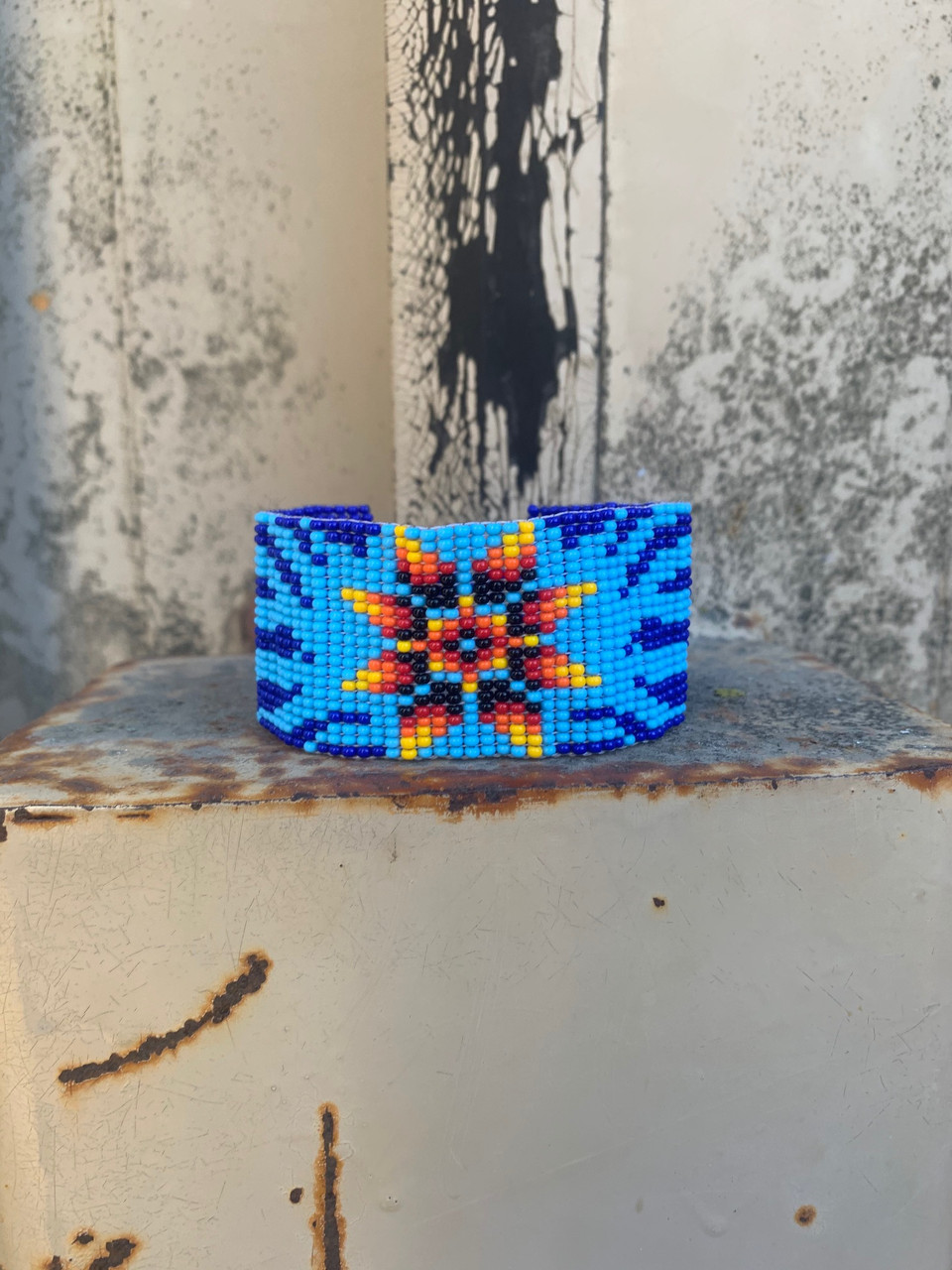 Blue Beaded Bracelet, Handwoven Wristband with Feather Designs, Casual Jewelry Bracelets 1.25 x 7.5 Inch
