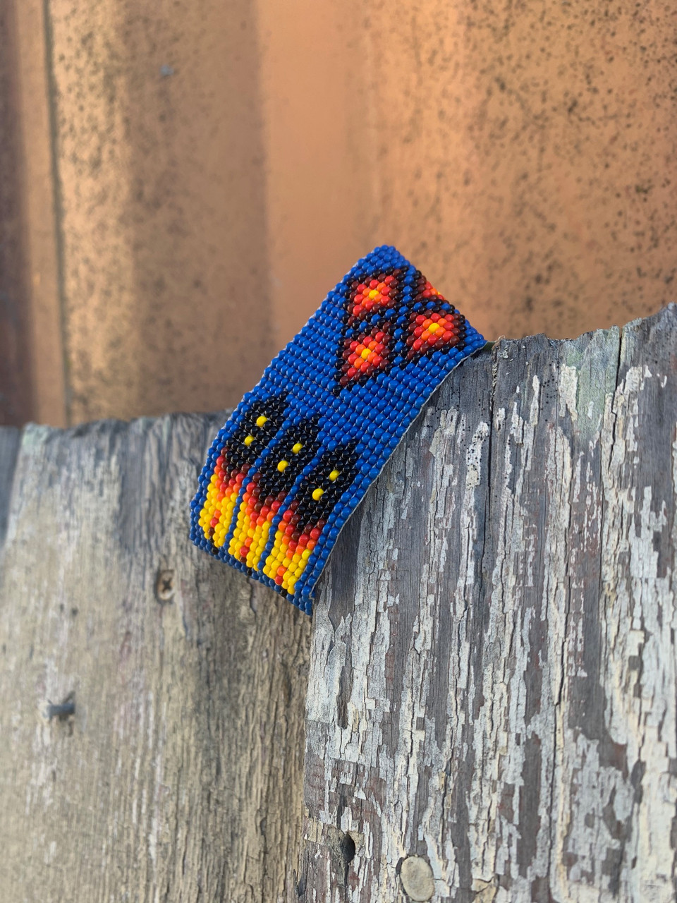Blue Beaded Bracelet, Handwoven Wristband with Feather Designs, Casual Jewelry Bracelets 1.25 x 7.5 Inch