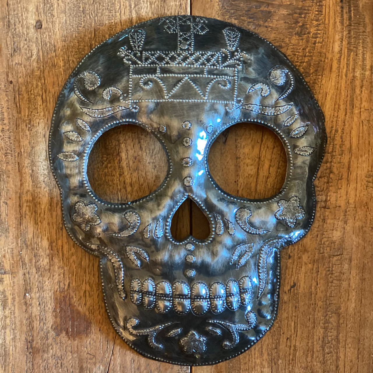 Veve Baron Samedi Skull Metal Wall Hanging Sculpture, Sugar Skull Skeleton Artwork, Handmade in Haiti, Recycled Metal 7.6 X 9.75 Inches