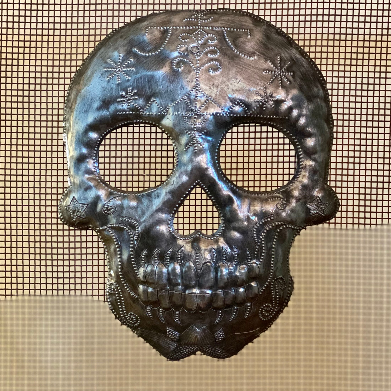 Veve Ogou Feray Skull Metal Wall Hanging Sculpture, Sugar Skull Skeleton Artwork, Handmade in Haiti, Recycled Metal 7.6 X 9.75 Inches