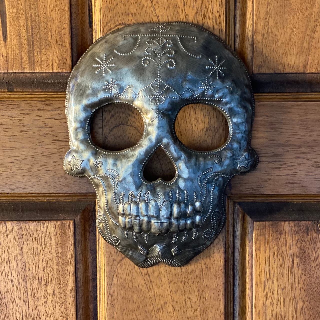 Veve Ogou Feray Skull Metal Wall Hanging Sculpture, Sugar Skull Skeleton Artwork, Handmade in Haiti, Recycled Metal 7.6 X 9.75 Inches