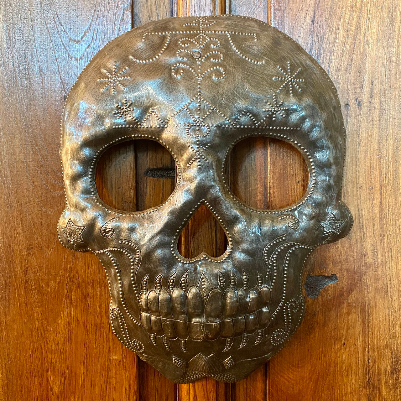 Veve Ogou Feray Skull Metal Wall Hanging Sculpture, Sugar Skull Skeleton Artwork, Handmade in Haiti, Recycled Metal 7.6 X 9.75 Inches
