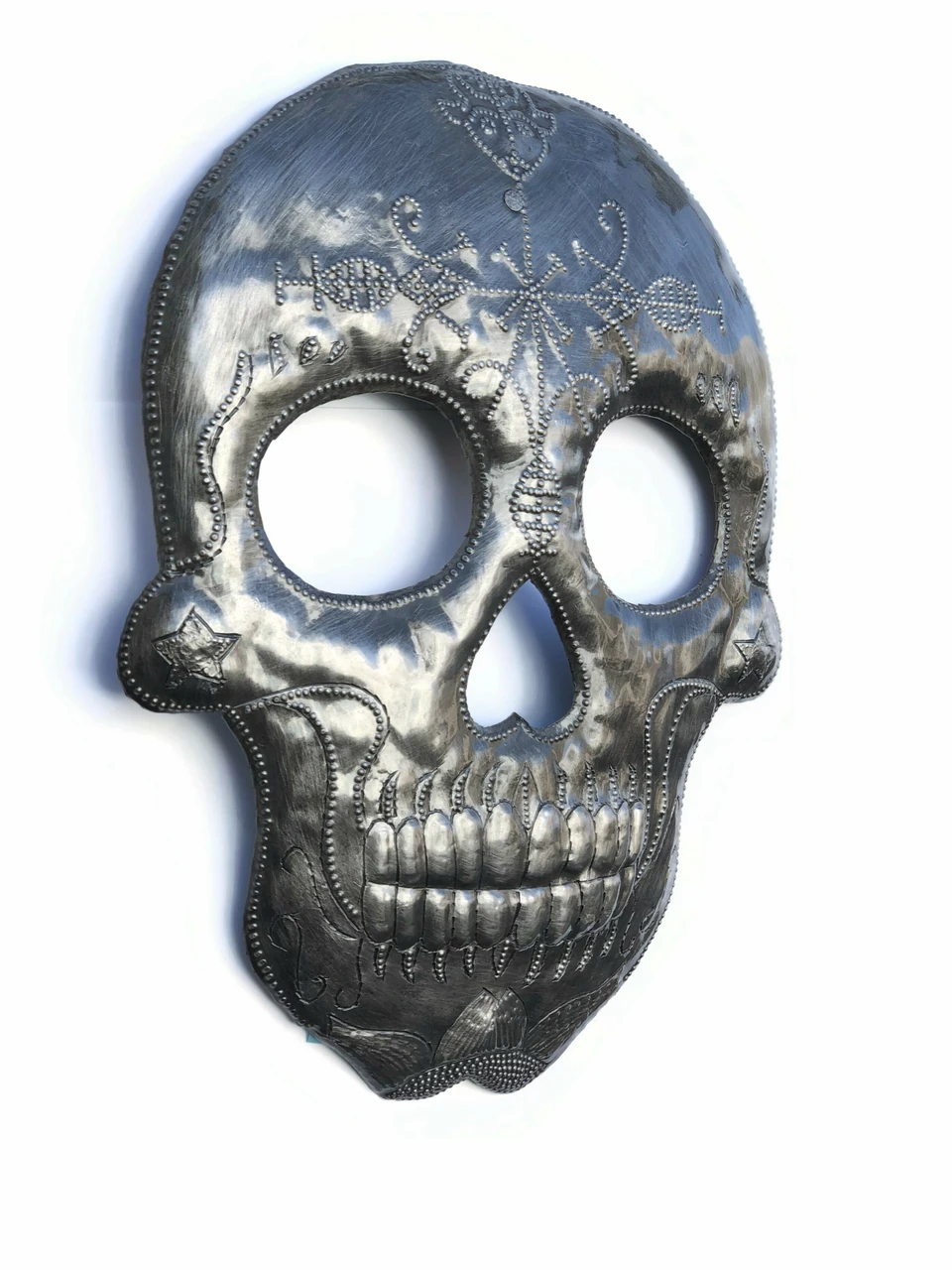 Veve Bossou Skull Metal Wall Hanging Sculpture, Sugar Skull Skeleton Artwork, Handmade in Haiti, Recycled Metal