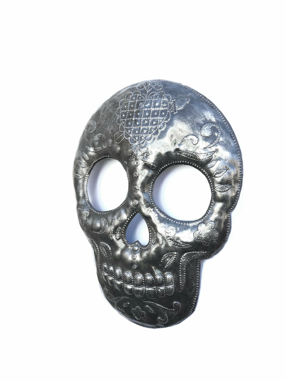 Veve Erzulie Danton Skull Metal Wall Hanging Sculpture, Sugar Skull Skeleton Artwork, Handmade in Haiti, Recycled Metal 7.6 X 9.75 Inches