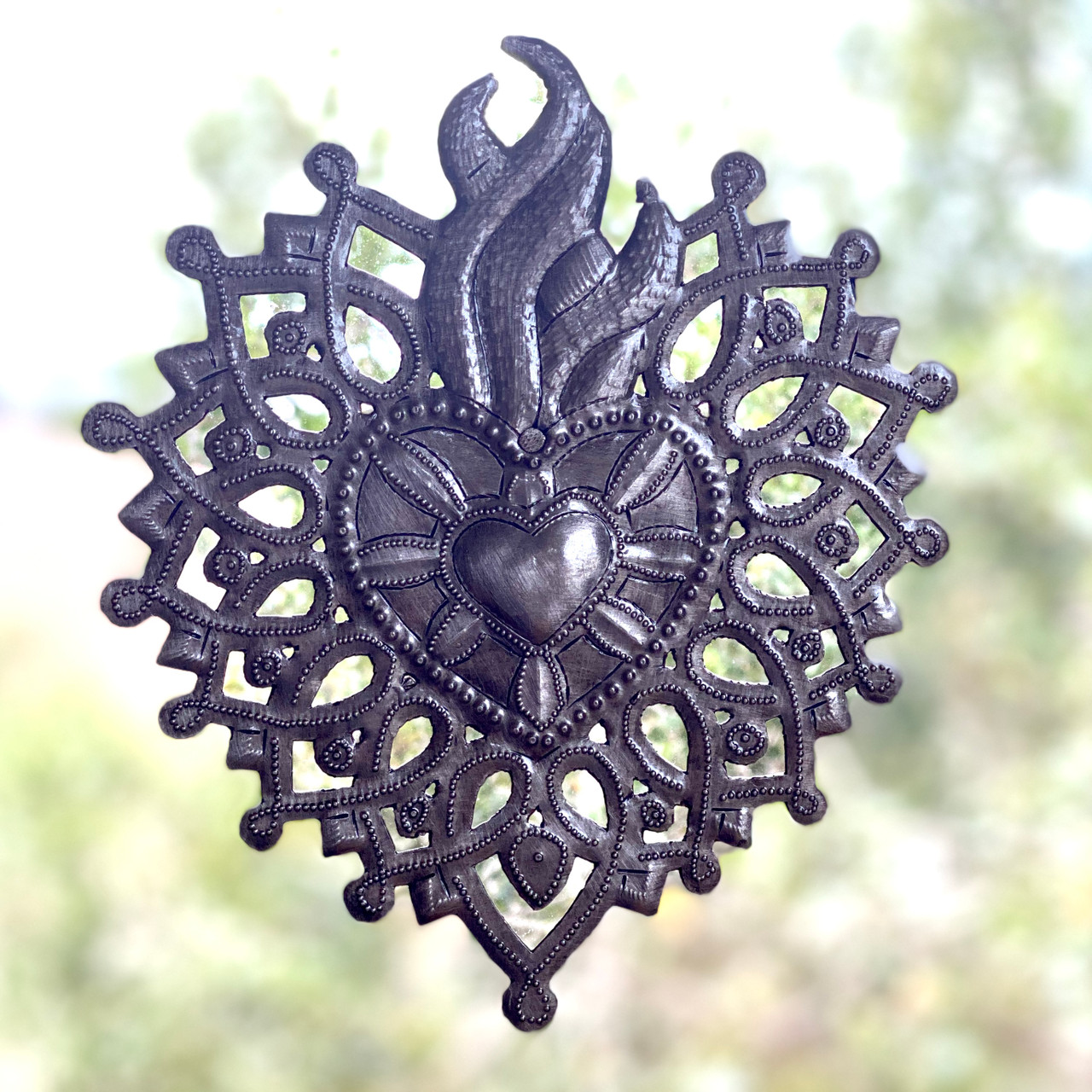 Sacred Heart, Small Decorative Milagro, Flaming Heart, Handmade from Recycled Oil Drums, Haitian Metal Wall Art 7 X 8 Inches