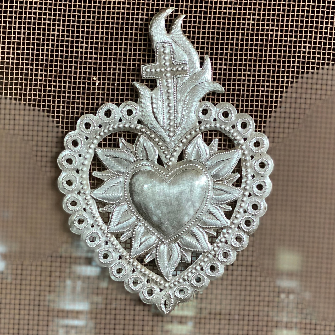 Sacred Heart with Cross, Milagro, Flaming Heart, Handmade from Recycled oil drums, Haitian Metal Wall Art 7" x 10.25" Sacred Heart with Cross, Milagro, Flaming Heart, Handmade from Recycled oil drums, Haitian Metal Wall Art 7" x 10.25"