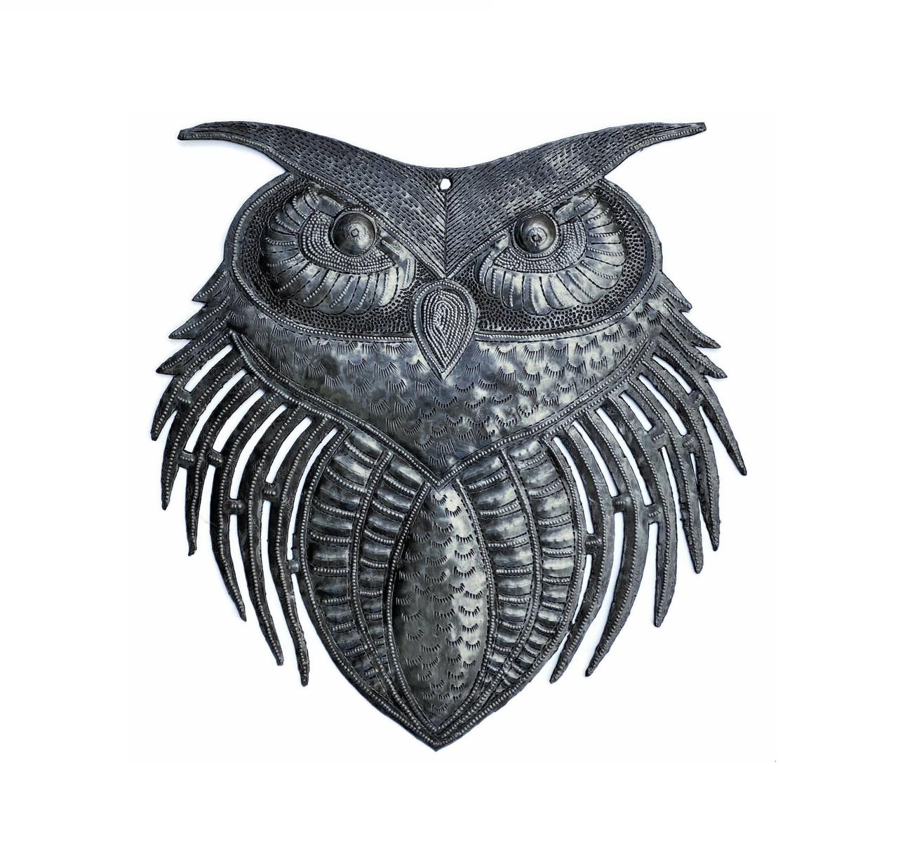 New Owl Metal Wall Art, Handmade in Haiti, Indoor Outdoor Garden Decorations, Upcycled Wall Hanging Artwork, Haitian Décor, 11 x 10.75 Inches 