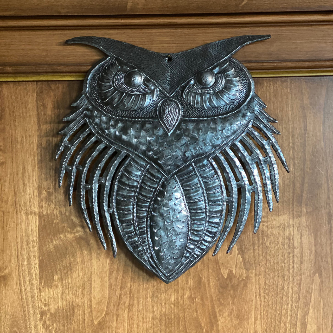 New Owl Metal Wall Art, Handmade in Haiti, Indoor Outdoor Garden Decorations, Upcycled Wall Hanging Artwork, Haitian Décor, 11 x 10.75 Inches 
