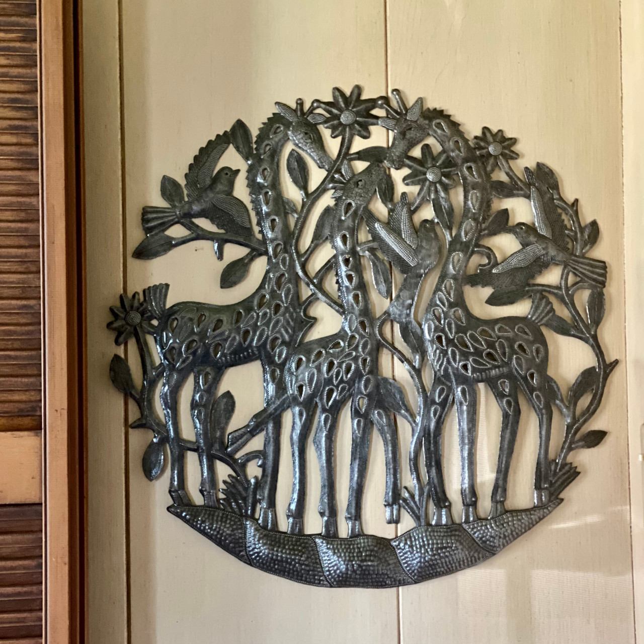 Giraffe Wall Décor, Safari Animal Plaques, Handmade from Recycled Material, Haitian Hanging Sculptures, Indoor Outdoor 23 Inches Round Giraffe Wall Décor, Safari Animal Plaques, Handmade from Recycled Material, Haitian Hanging Sculptures, Indoor Outdoor 23 Inches Round