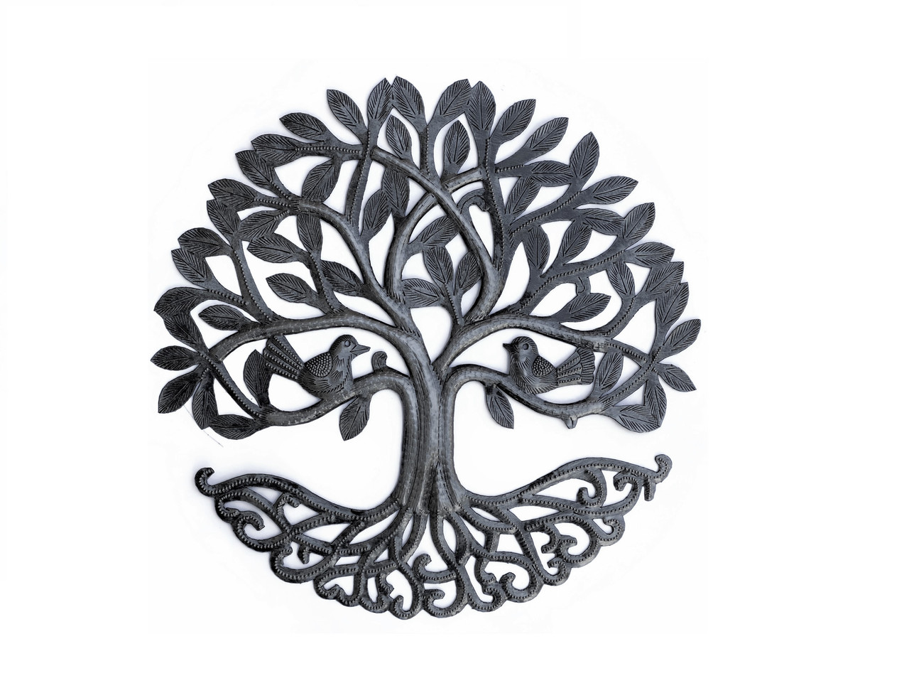 Nature Inspired Metal Tree with Birds, Love Birds, Friendship Garden Wall Hanging Tree, Handmade in Haiti, Recycled Steel, 13 Inches Round