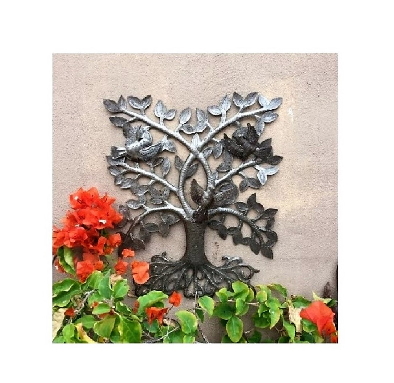 Tree of Life with 3D Birds, Joyful Garden Tree, Recycled Metal Wall Hanging Art, Haiti 14 x 17 Inches