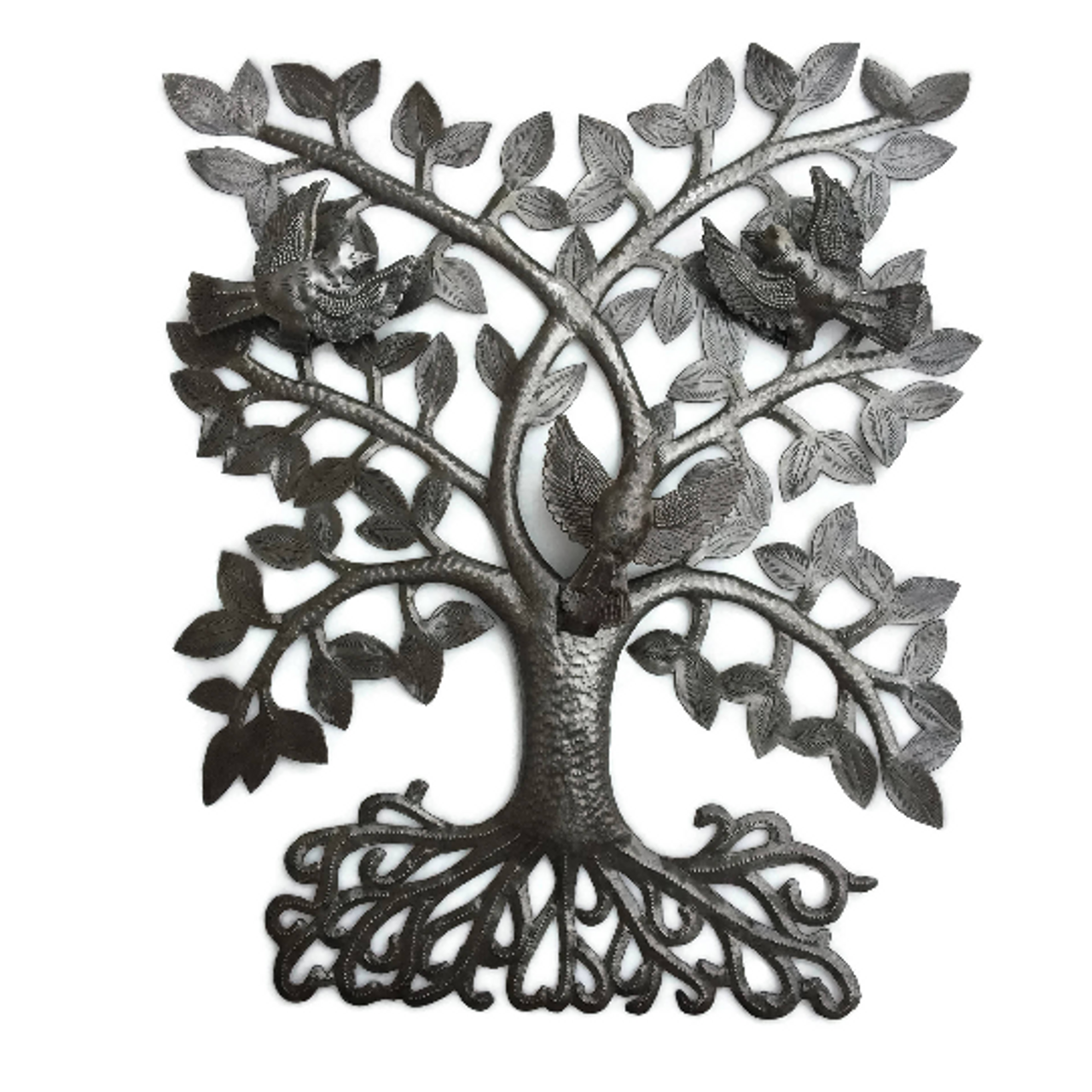 Tree of Life with 3D Birds, Joyful Garden Tree, Recycled Metal Wall Hanging Art, Haiti 14 x 17 Inches