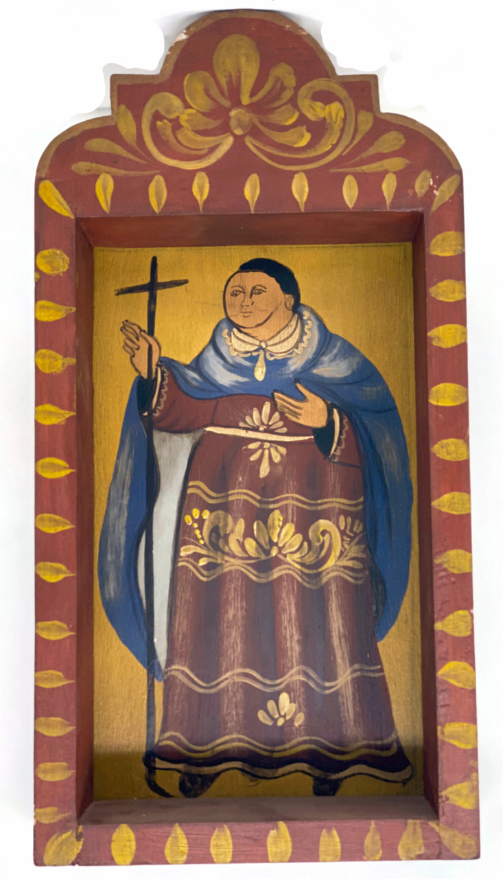 Saint Diego
Lived: c. 1400-1453 
Feast day: November 13 
Patronage: for health, probably.

A Franciscan lay brother with great devotion to the Eucharist, invoked for the cure of Don Carlos, heir to the Spanish throne, in 1562. He is the patron of Jémez Pueblo.

Standing, holding a large cross which rests on the ground, wearing a Franciscan robe, without tonsure. 