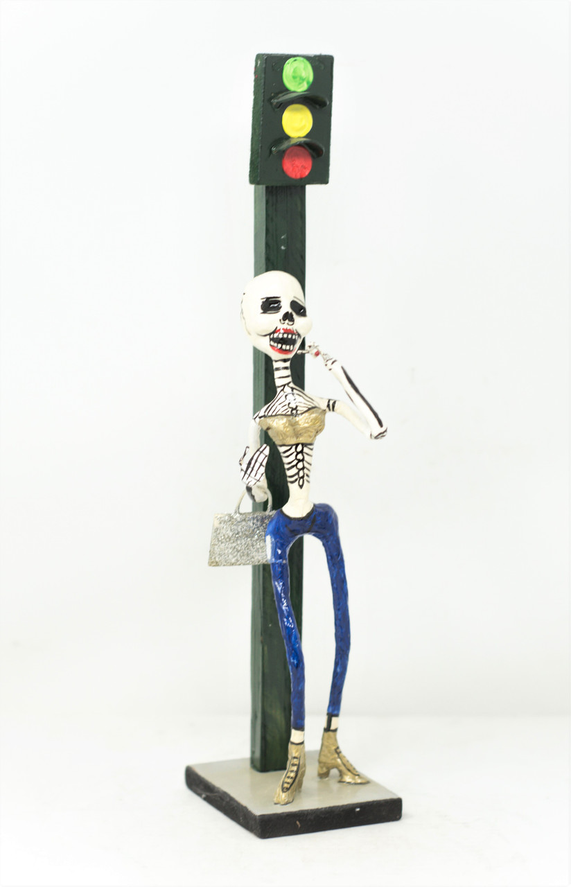 La Catrina Mexican Skeleton, Hand Painted Lady of The Night, Blue Outfit, Folk Art Doll, Day of The Dead Decorations