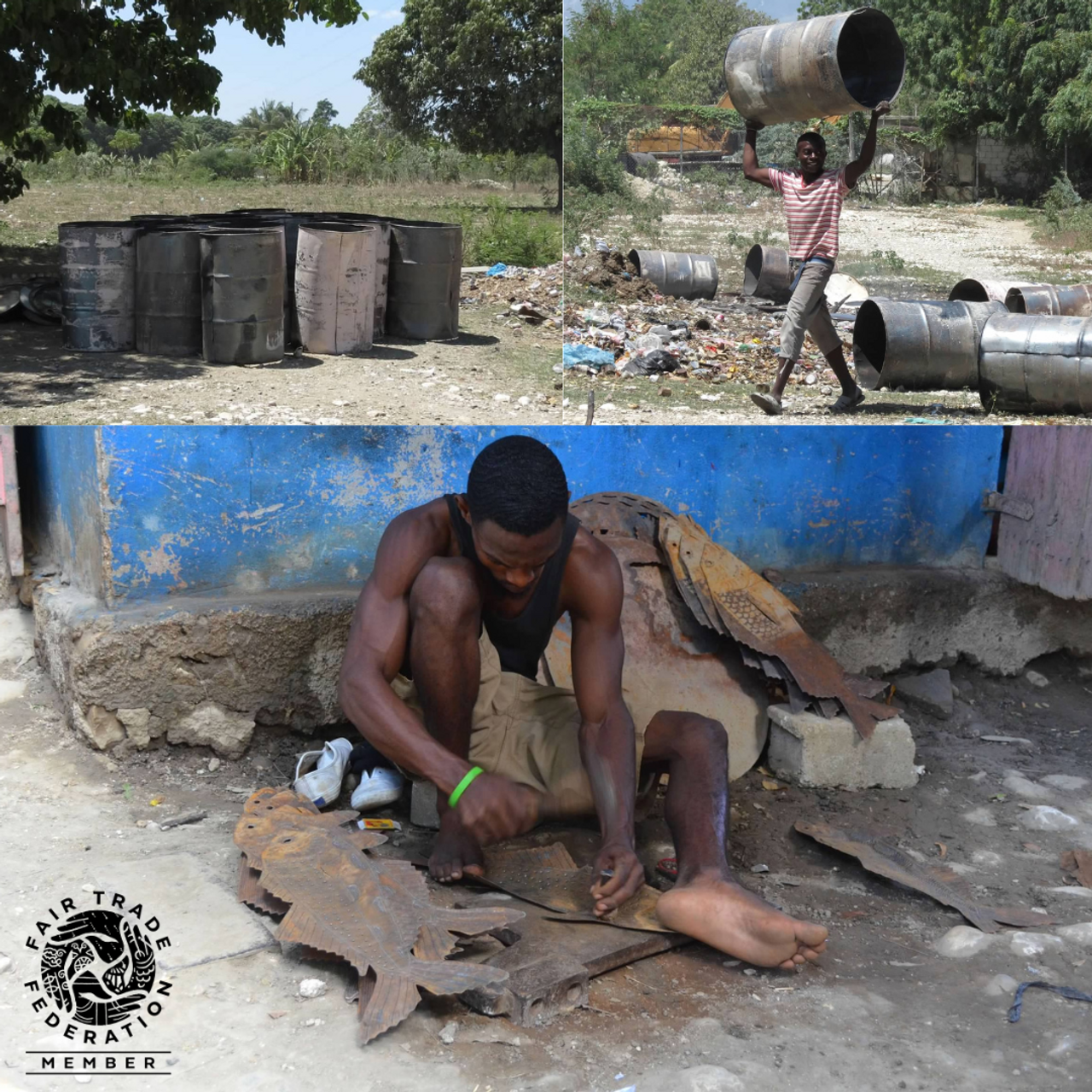 Haitian Metal Artisans in Croix-des-Bouquets cleaning, burning, flattening used oil barrels to use for metal art. Haitian metal artist sketching design in collaboration with Casey and then using a hammer and chisel to pound design into metal.