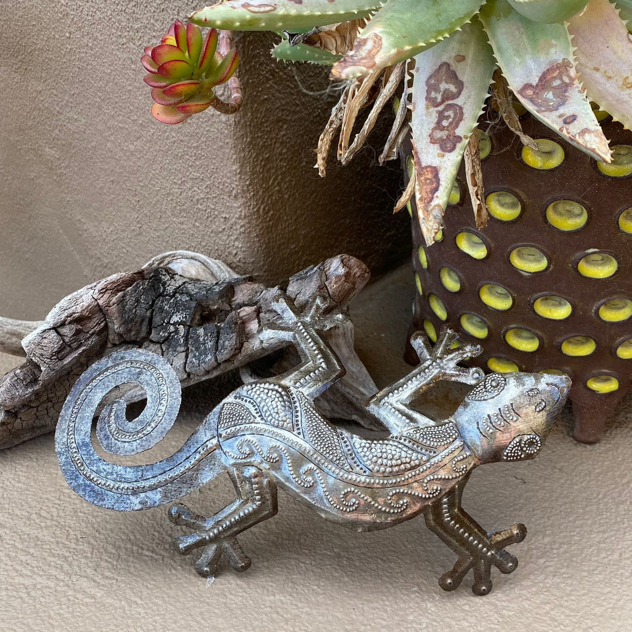 Garden Gecko, Set of 3 Wall Hanging Geckos, Handmade From Recycled Steel Drum Barrels 8 x 6 Inches, Spring Home Collection