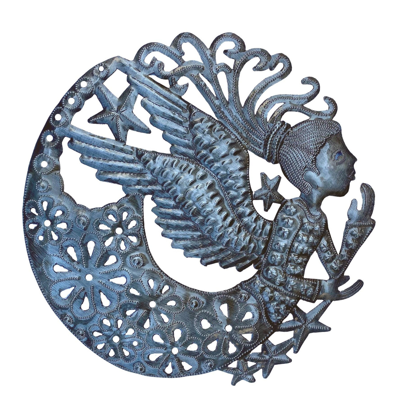 Small Garden Angel, Backyard Decorations, Handmade in Haiti from Recycled Steel Drum Barrels, Celestial Wall Art 11" Round Small Garden Angel, Backyard Decorations, Handmade in Haiti from Recycled Steel Drum Barrels, Celestial Wall Art 11" Round