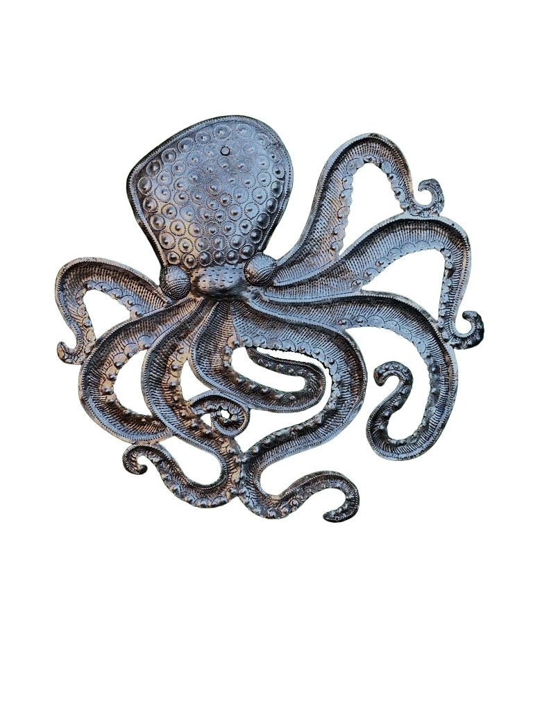 Small Octopus, Metal Wall Hanging Plaques from Haiti, Indoor and Outdoor Display 15 Inches Sea Life Home Decor
