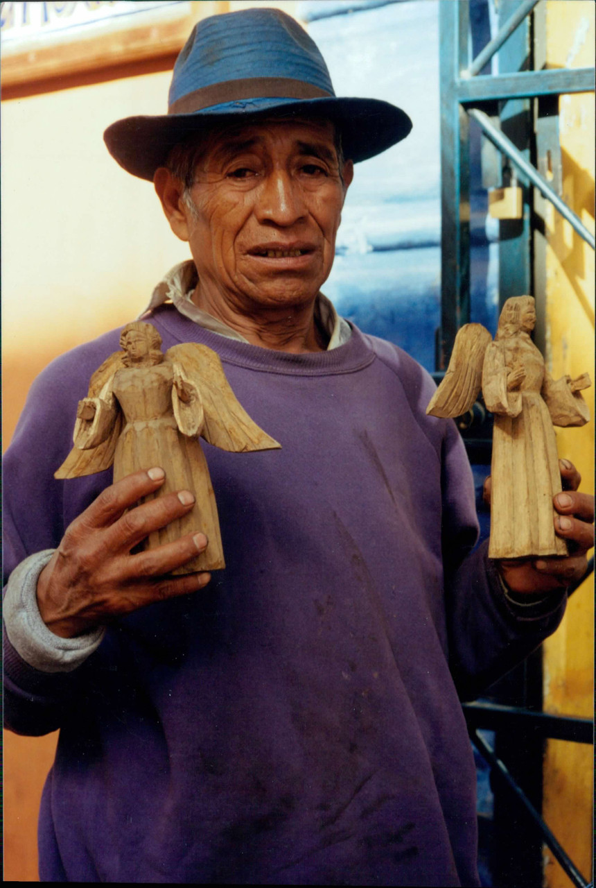 Hand Carved Guatemalan Folk Art, Small Vintage Guardian Angel, Natural Wood Art 11"x4"x12"