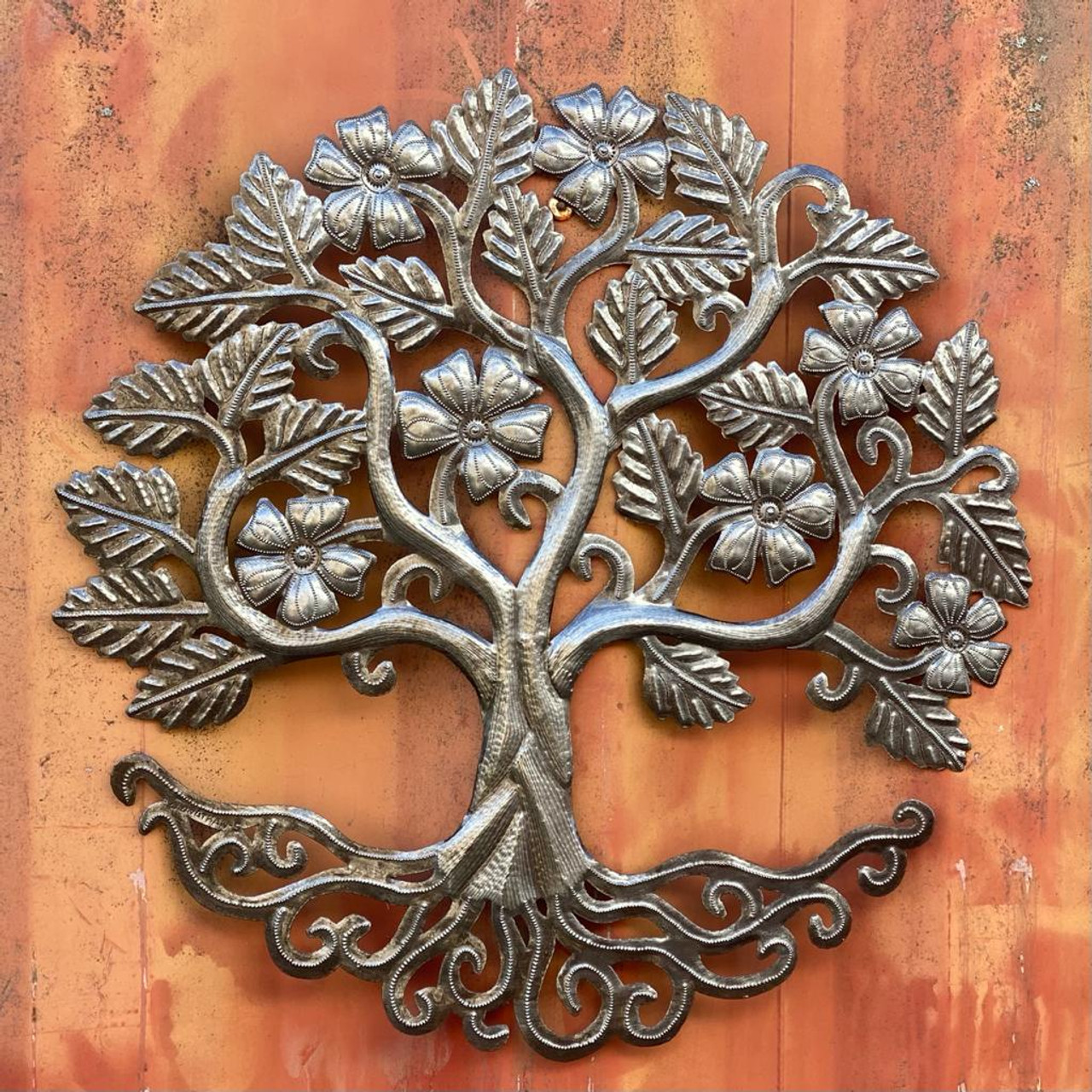 Home Decor Tree of Life with Flowers, Decorative Wall Hanging Plaque for Indoor or Outdoor, Haitian Art, 23 Inches Round…