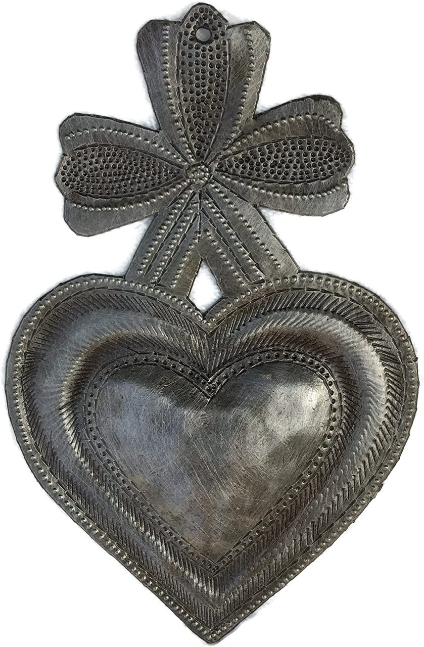 heart with bow wall art, handmade Haiti metal art, recycled oil drum heart, Wiseton Brutus art, fair trade home decor, handcrafted gift, small heart wall piece, Haitian artisan metal heart, eco-friendly decor