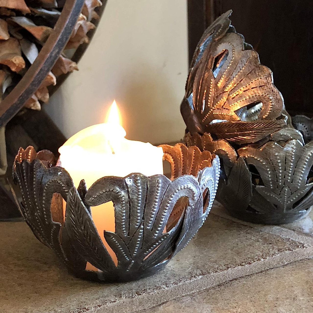 Small Set of 2 Metal Tulip Candle Holders, Decorative Tabletop Handmade Haitian Art 4.5"