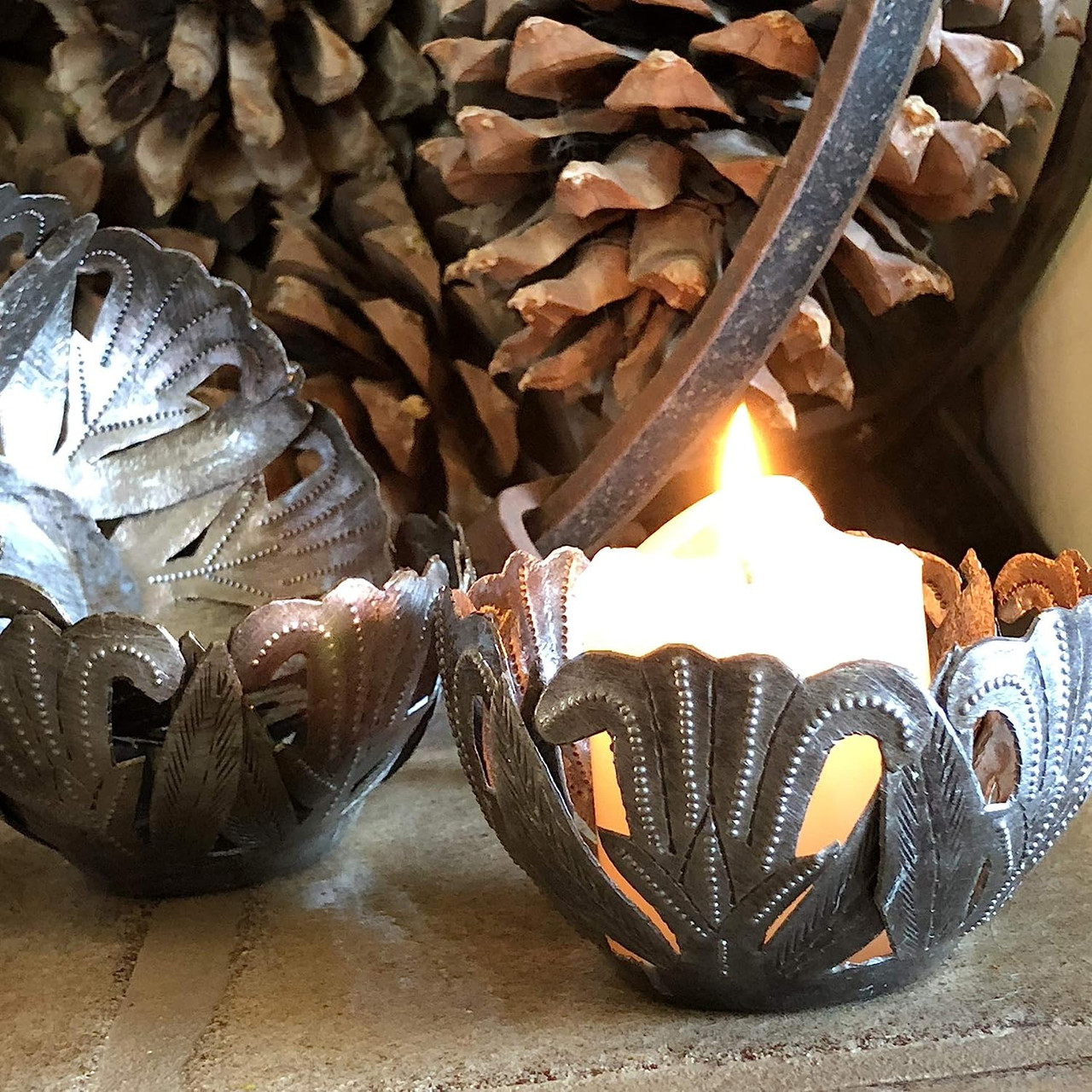 Small Set of 2 Metal Tulip Candle Holders, Decorative Tabletop Handmade Haitian Art 4.5"