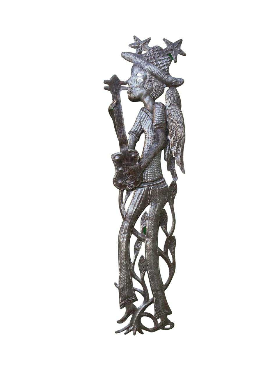 Guitar Playing Angel Boy, Haitian Fair Trade, Metal Wall Decor, Garden Art, Handmade, 5" x 23"