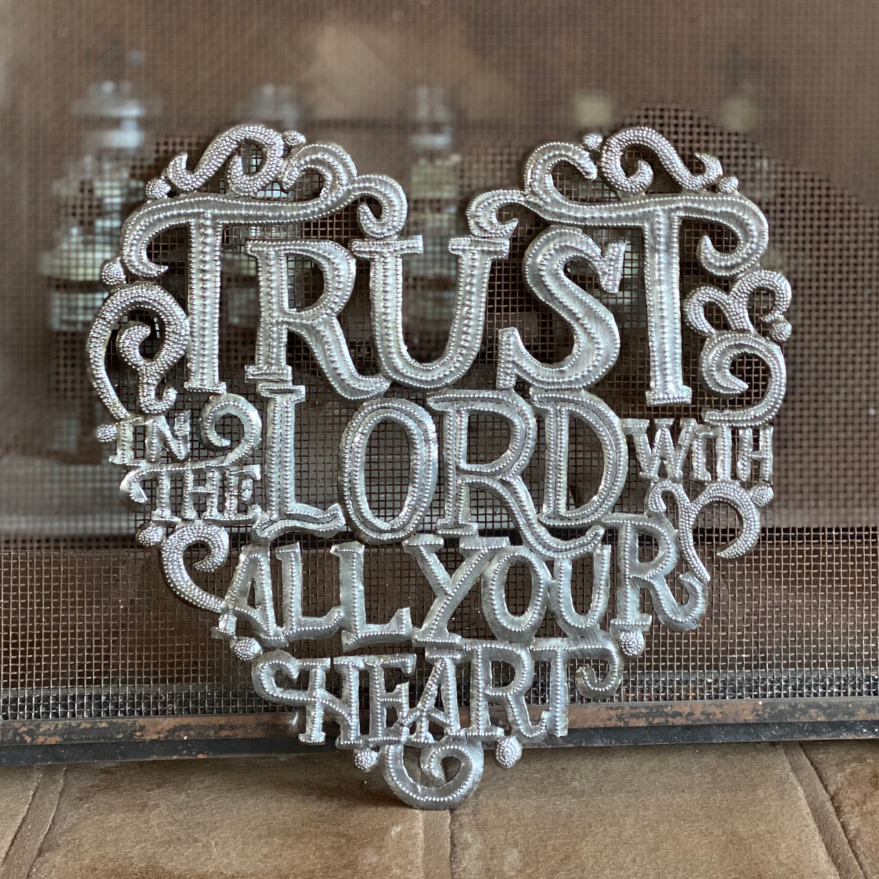 Trust in the Lord with all your Heart Wall Hanging Plaque, Spiritual Sculpture, Heart Design, Handmade in Haiti from Recycled Steel Barrels