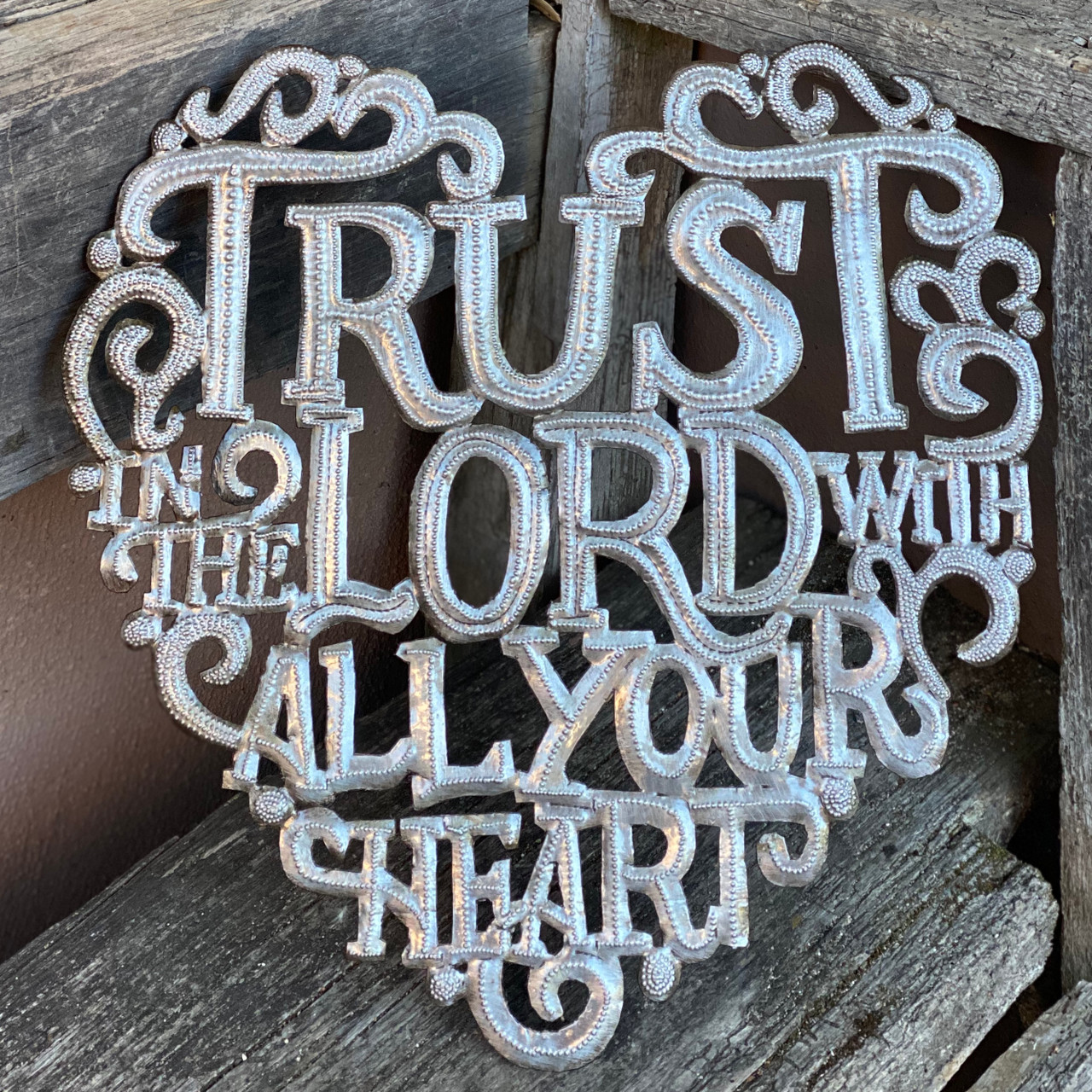 Trust in the Lord with all your Heart Wall Hanging Plaque, Spiritual Sculpture, Heart Design, Handmade in Haiti from Recycled Steel Barrels