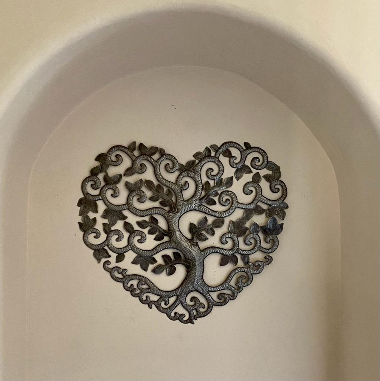 Sacred Heart Wall Decor, Outdoor Artwork, Family Tree with Curly Roots, Metal Haitian Wall Hanging Decor 17 Inches