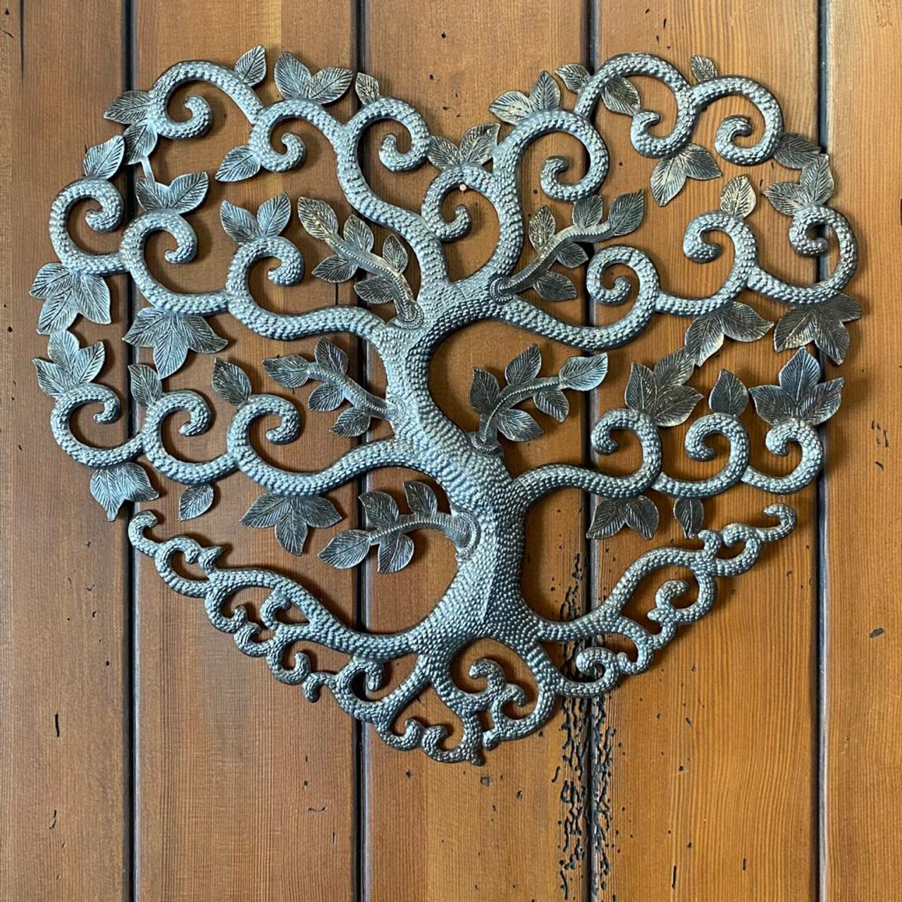 Sacred Heart Wall Decor, Outdoor Artwork, Family Tree with Curly Roots, Metal Haitian Wall Hanging Decor 17 Inches