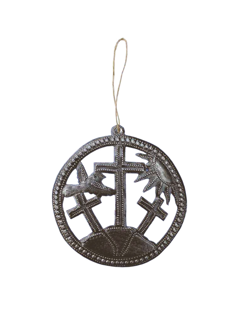 Three crosses on Calvary's Hill Ornament Cross, Haitian Art Devotional Gifts, Metal Wall Art, Milagro Sacred Cross, Take Your Worry Away, Ornamental, Gift tag, Handmade in Haiti 4 Inches Round