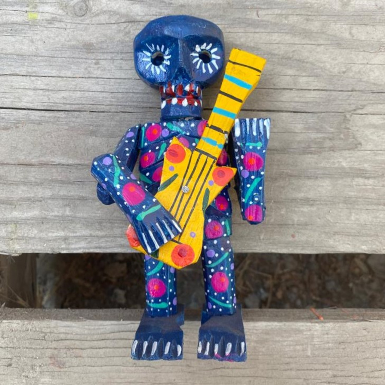 Day of the Dead Folk Art, Dia de los Muertos Folk Art, Wooden Skeleton with Guitar, Wooden Day of the Dead Skeleton with Guitar 