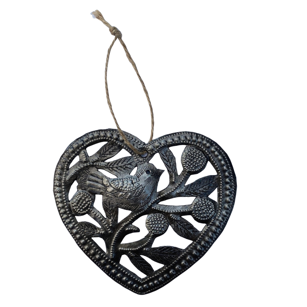 Heart Ornament with a Flower and Bird Cut Out, 4.5 x 4.5 Inches, Handcrafted in Haiti, Decorative Christmas Ornaments