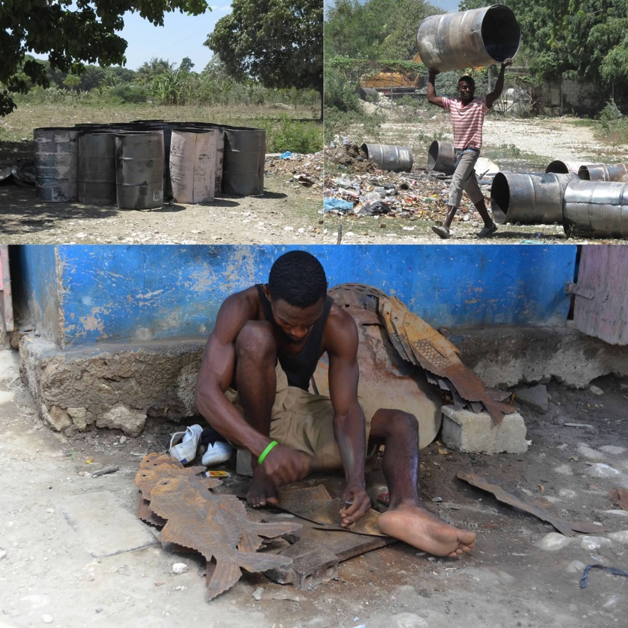Haitian metal artisans in croixdes-bouquets cleaning, burning, flattening used oil barrels to use for metal art. Haitian Metal artist then sketch the design onto the metal. They then use a hammer and chisel to pound design into metal.