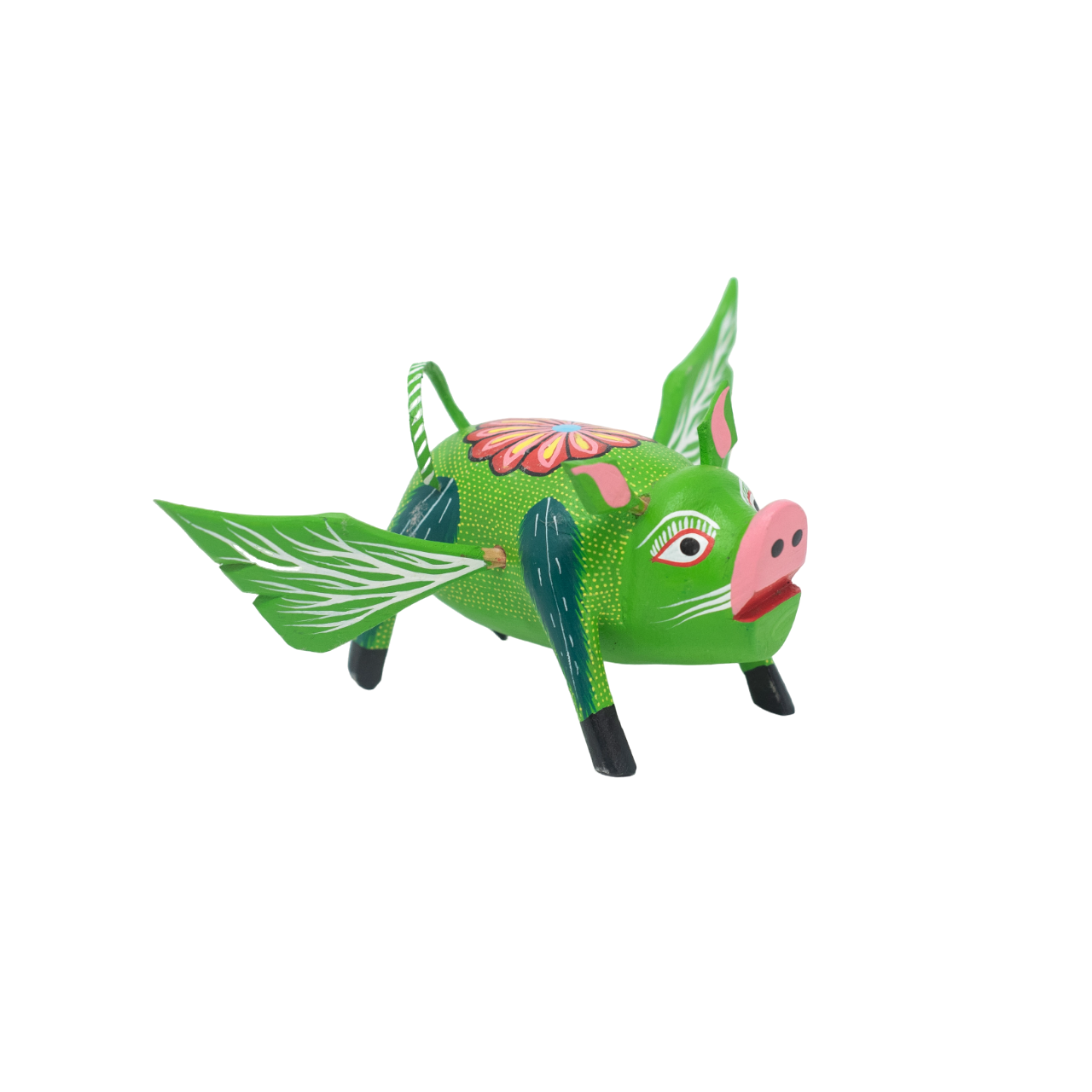 Handcarved Mexican Folk Art, Colorful Floral Green Pig with Wings, Magical Oaxacan Alebrije