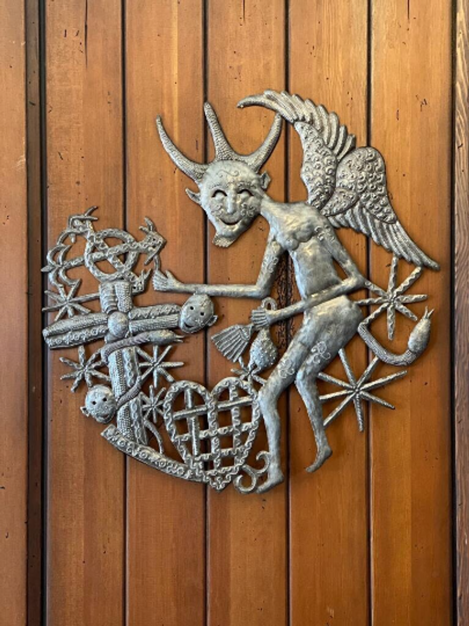 Metal Wall Hanging Art, Voodoo Unique Sculpture from Haiti, One of a Kind, 23 Inch Round