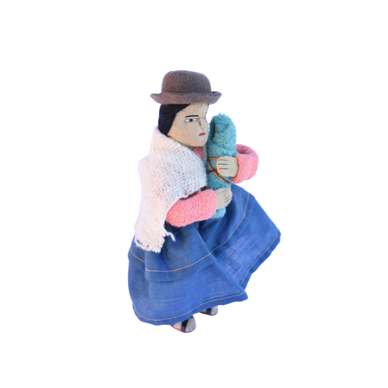Bolivian Cholita with Doll, Bolivian Doll, Bolivian Cholita Doll, Soft Sculpture Doll, Bolivian Soft Sculpture Doll, Vintage Bolivian Folk Art, Vintage Bolivian Folk Art, Bolivian Woman with Baby Doll, Handmade Vintage Bolivian Doll