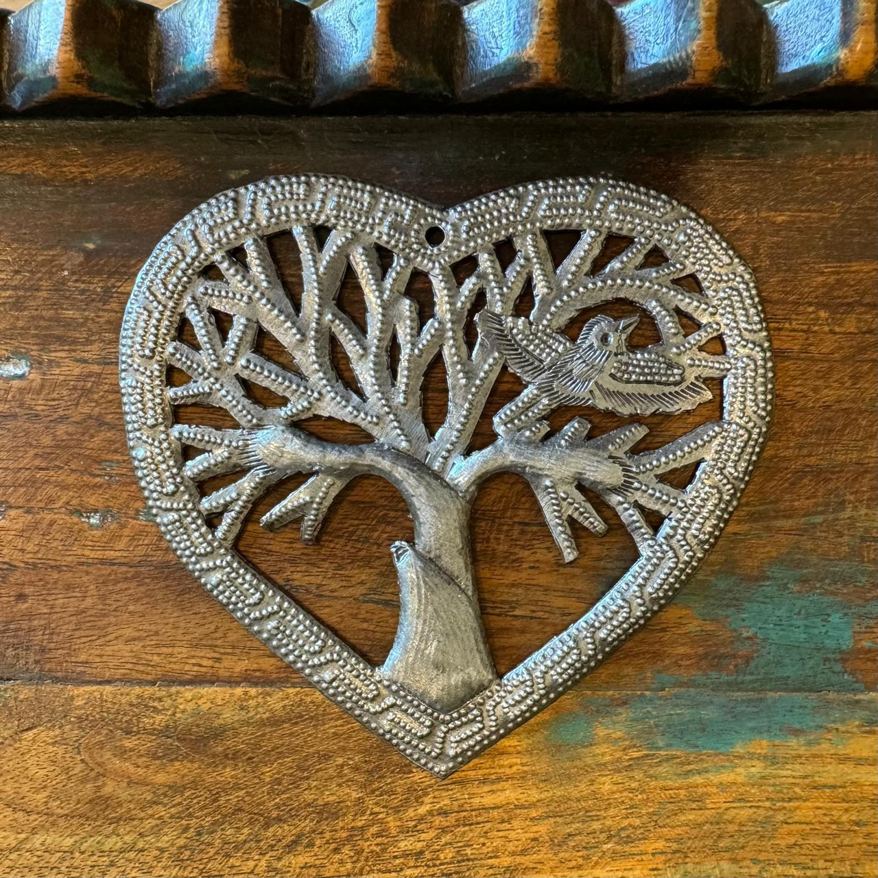 Tiny Heart Tree Ornament with Butterfly Handmade Garden Art from Haiti, 4"