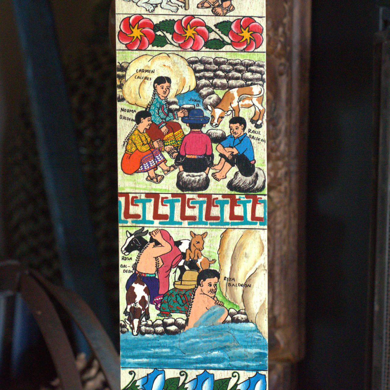artes de sarhua, narrative painting, village life art, ethnographic art, religious folk art, virgin and child art, traditional andean culture, hand painted wood panel, collectible folk art, peruvian wall decor