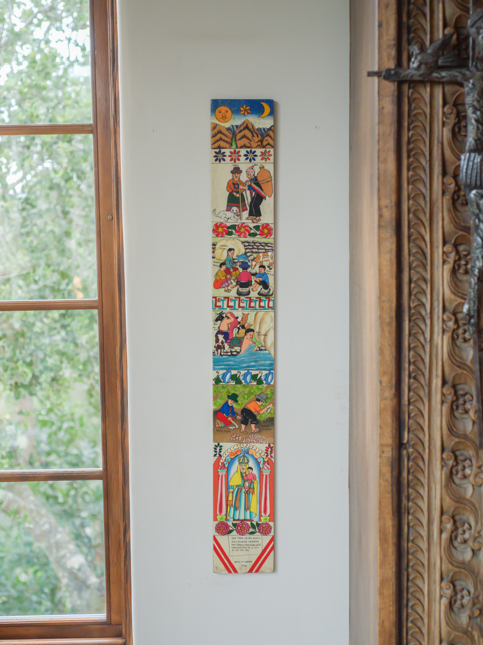 ayacucho peru, andean art, house dedication board, house blessing panel, latin american folk art, indigenous peruvian art, artes de sarhua, narrative painting, village life art, ethnographic art, religious folk art, virgin and child art