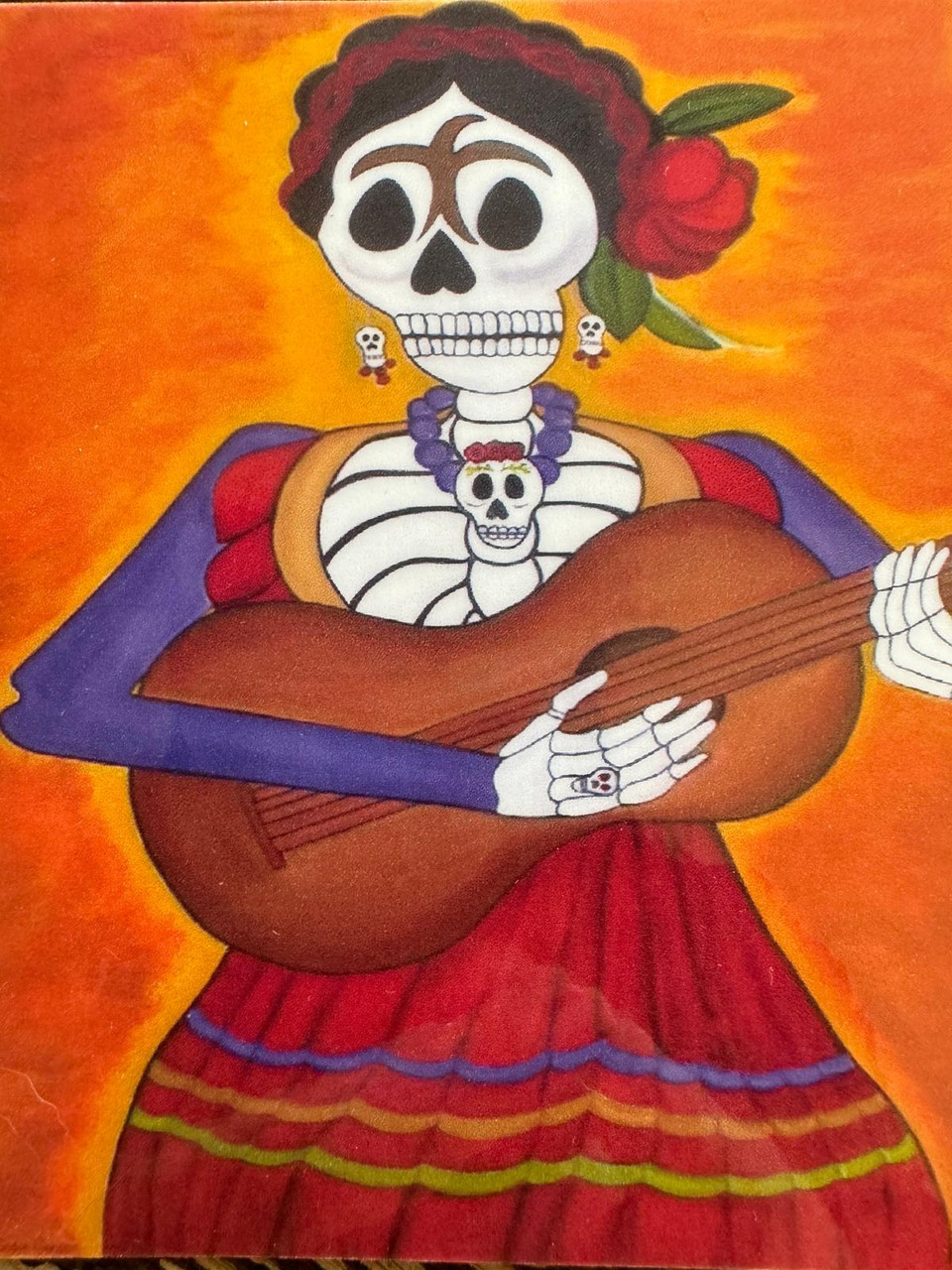 Mexican Folk Art, Chicana Folk Art, Mexican Indigenous Folk Art, Emilia Garcia, Chicana Emilia Garcia, Los Angeles Artist, Painting, Print of Emilia Garcia, Magnets, Woman Skeleton, Day of the Dead Art, Skeleton Magnet, Day of the Dead Magnet Catrina with Guitar, Mariachi, Day of the Dead Mariachi, Dia de los Muertos Mariachi 