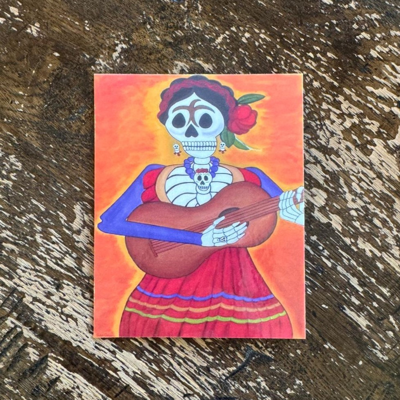 Mexican Folk Art, Chicana Folk Art, Mexican Indigenous Folk Art, Emilia Garcia, Chicana Emilia Garcia, Los Angeles Artist, Painting, Print of Emilia Garcia, Magnets, Woman Skeleton, Day of the Dead Art, Skeleton Magnet, Day of the Dead Magnet Catrina with Guitar, Mariachi, Day of the Dead Mariachi, Dia de los Muertos Mariachi 